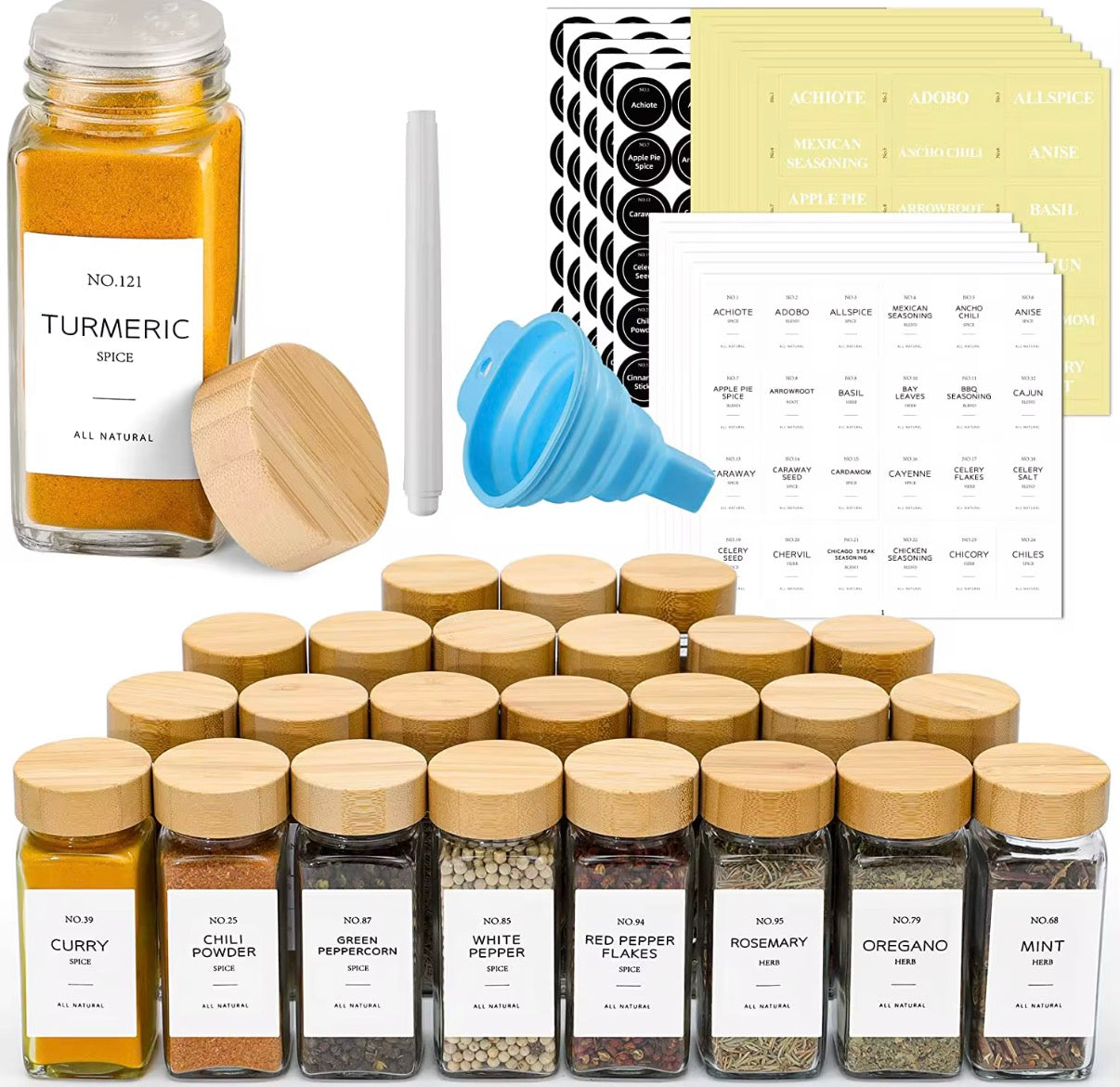 Glass Spices Jar with Labels Set of 6 pcs