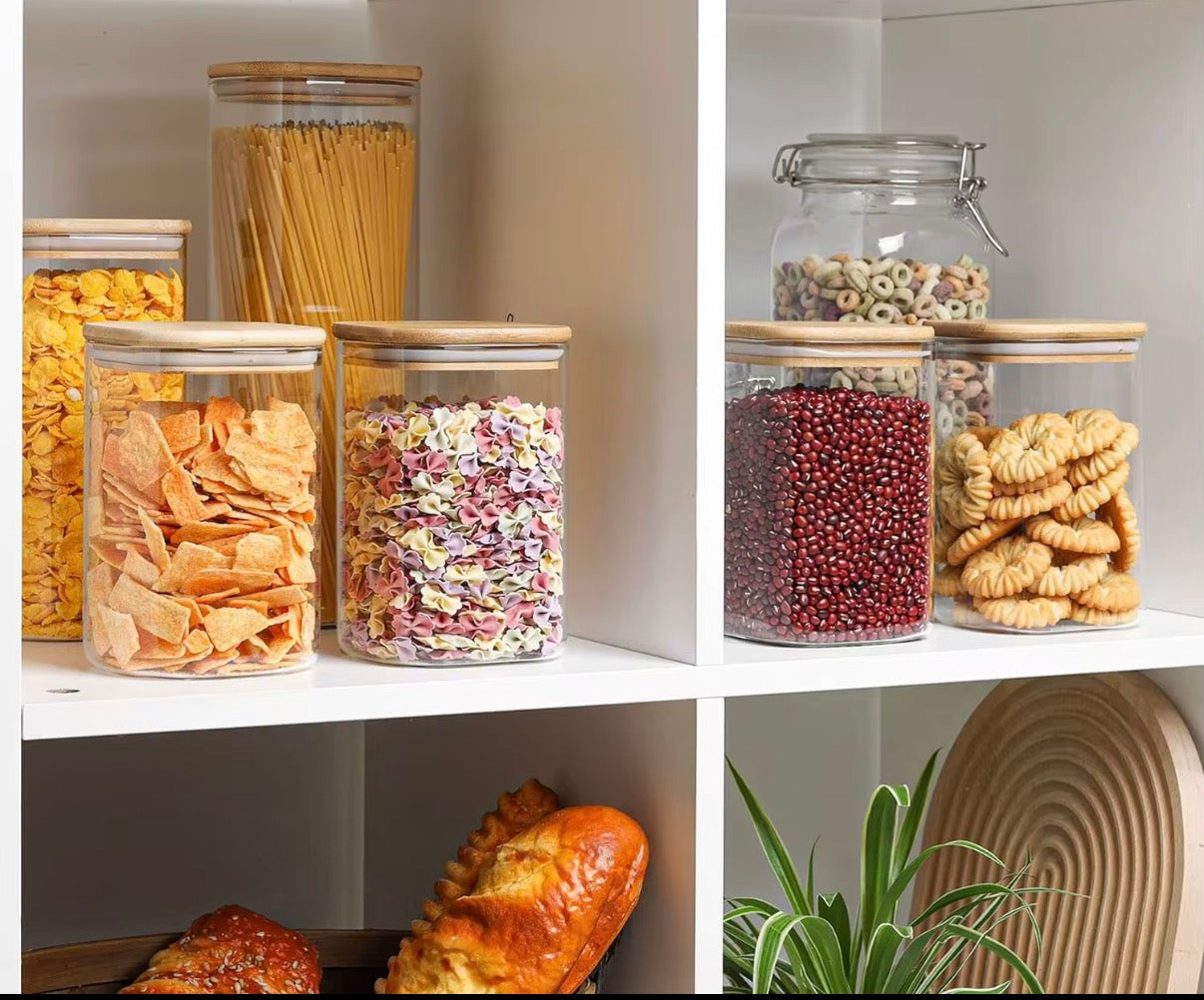 Glass Kitchen Canisters with Bamboo Lids Countertop Food Storage Jars & Containers