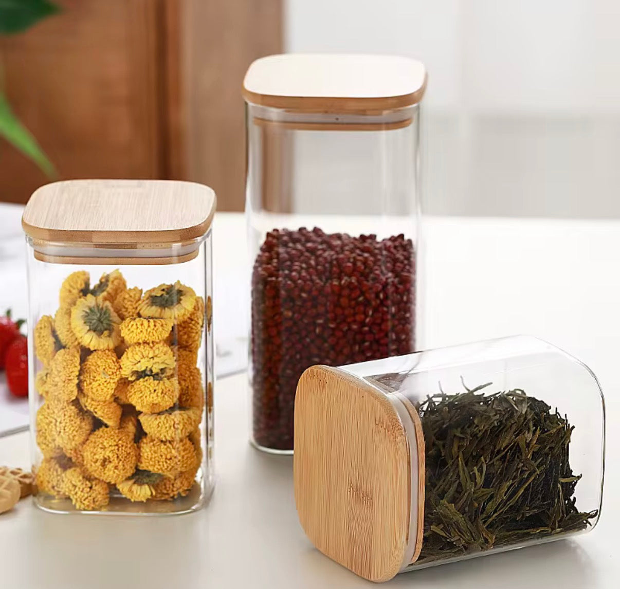 Glass Kitchen Canisters with Bamboo Lids Countertop Food Storage Jars & Containers