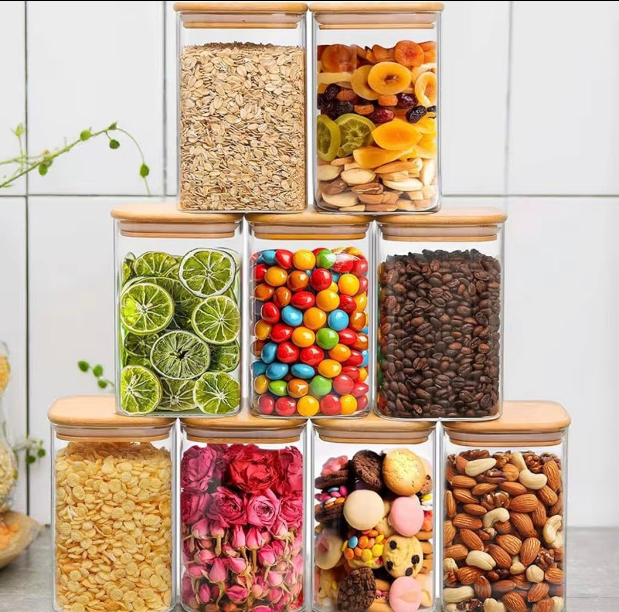Glass Kitchen Canisters with Bamboo Lids Countertop Food Storage Jars & Containers