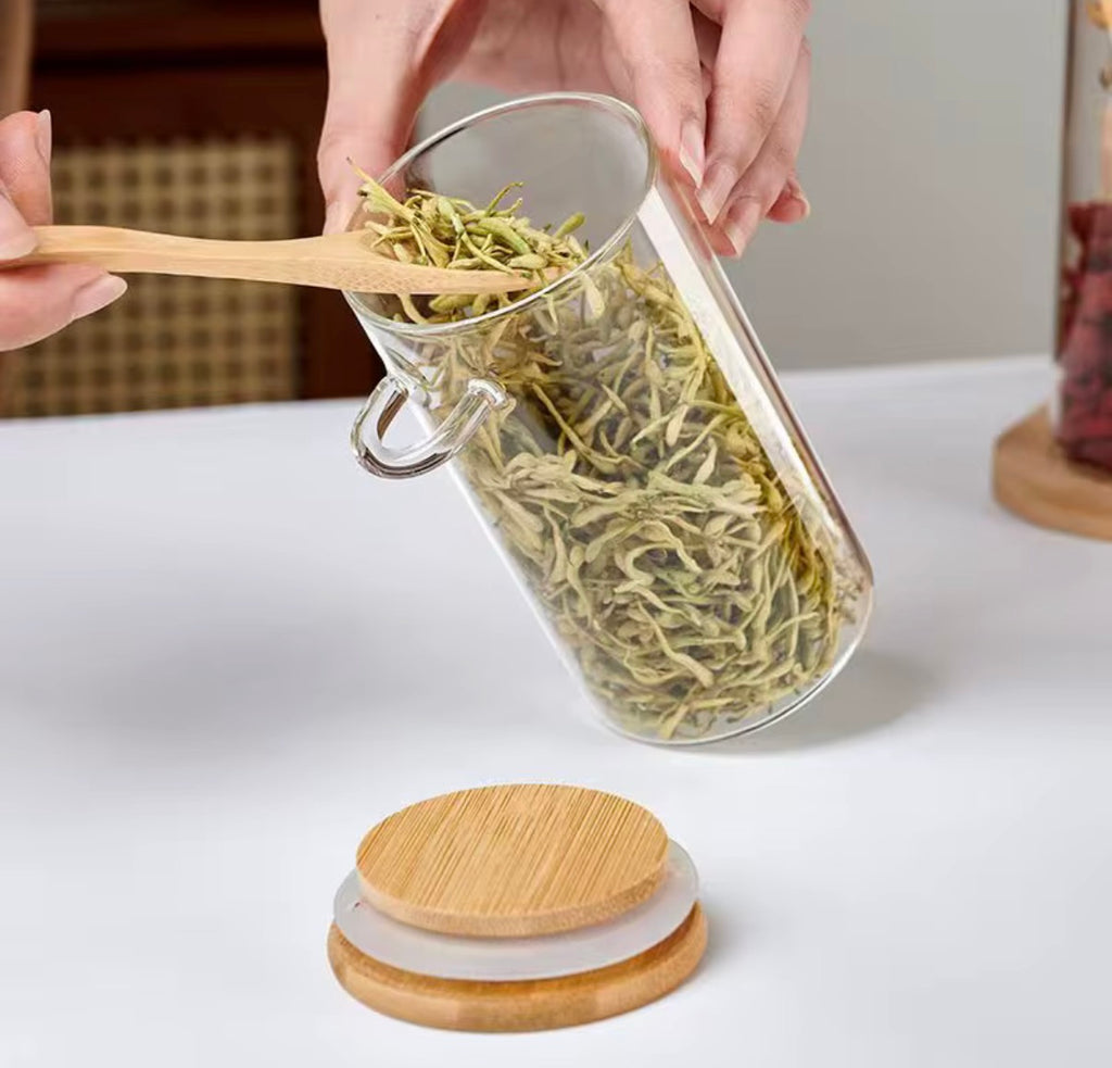 10oz Airtight Glass Jars Bamboo Lids Spoons