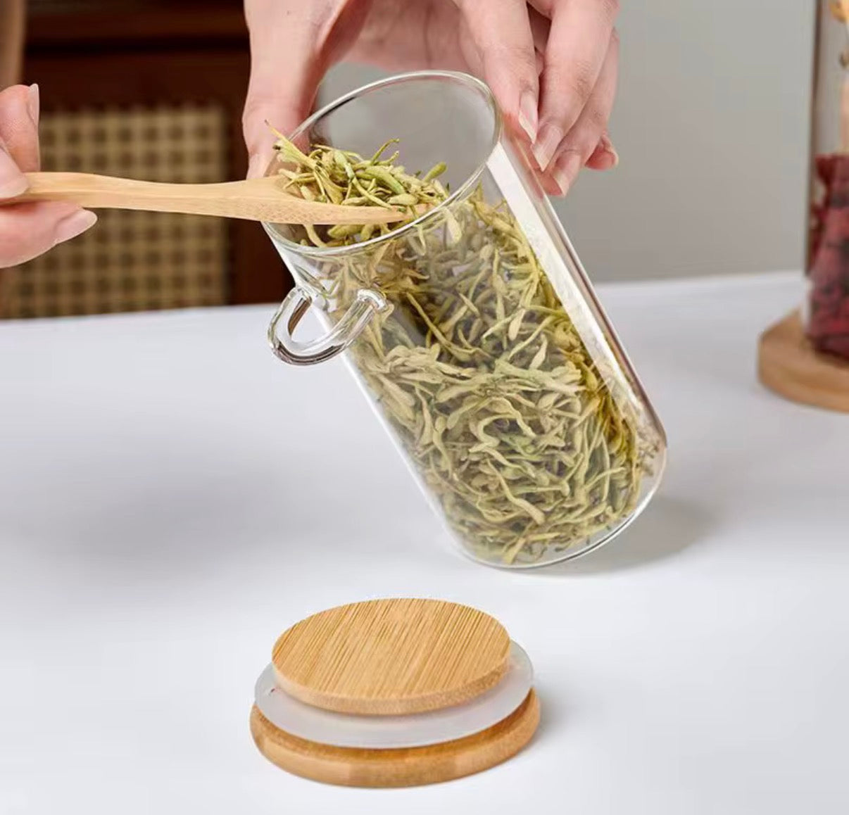 10oz Airtight Glass Jars Bamboo Lids Spoons