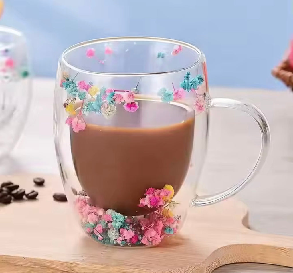 Double Wall Glass Teacup With Dried Flower Design
