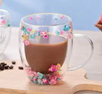Double Wall Glass Teacup With Dried Flower Design