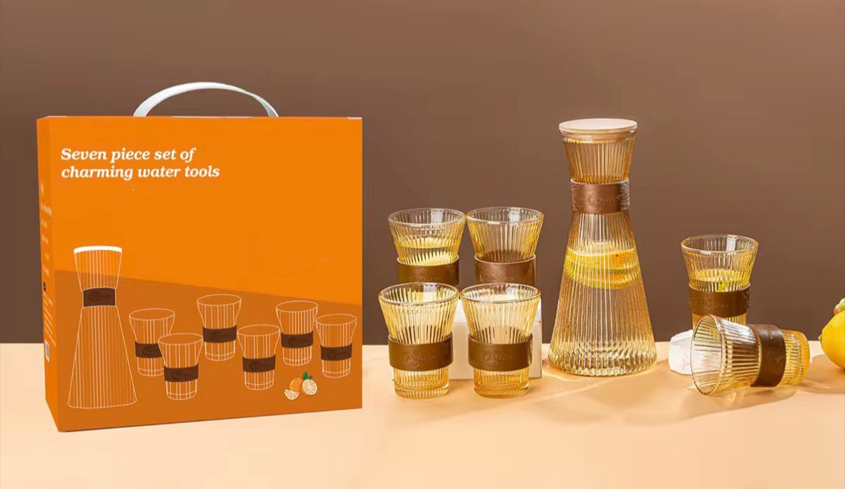 Fluted Glass Carafe Jug With 6 Glasses