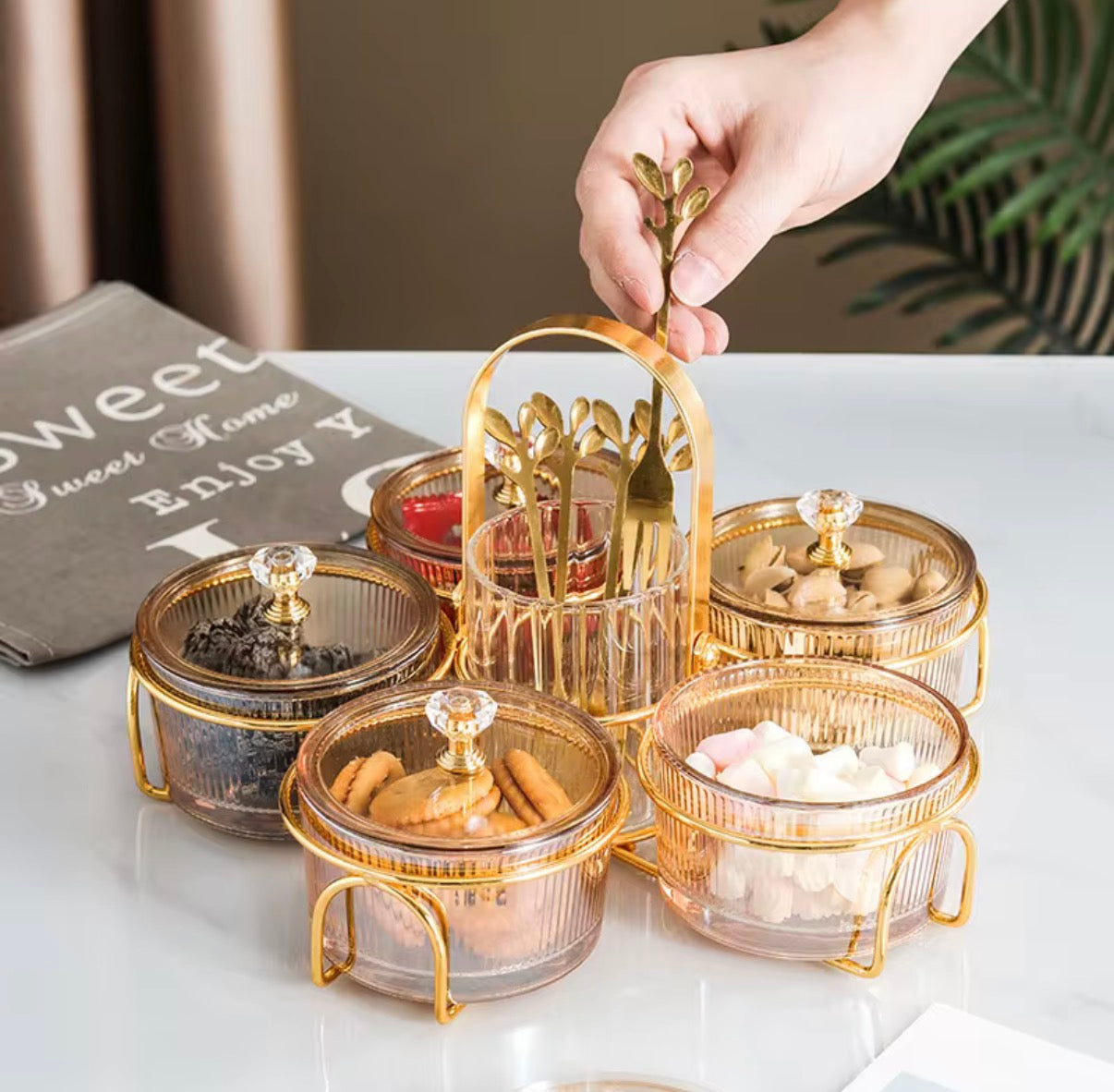 Luxury 5-in-1 Round Dry Fruit & Snack Serving Tray with Central Cutlery Holder