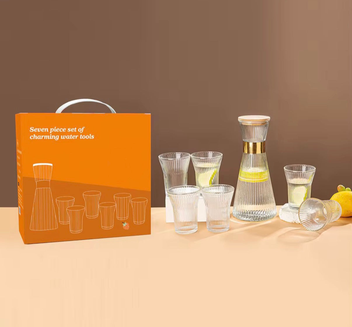 Fluted Glass Carafe Jug With 6 Glasses