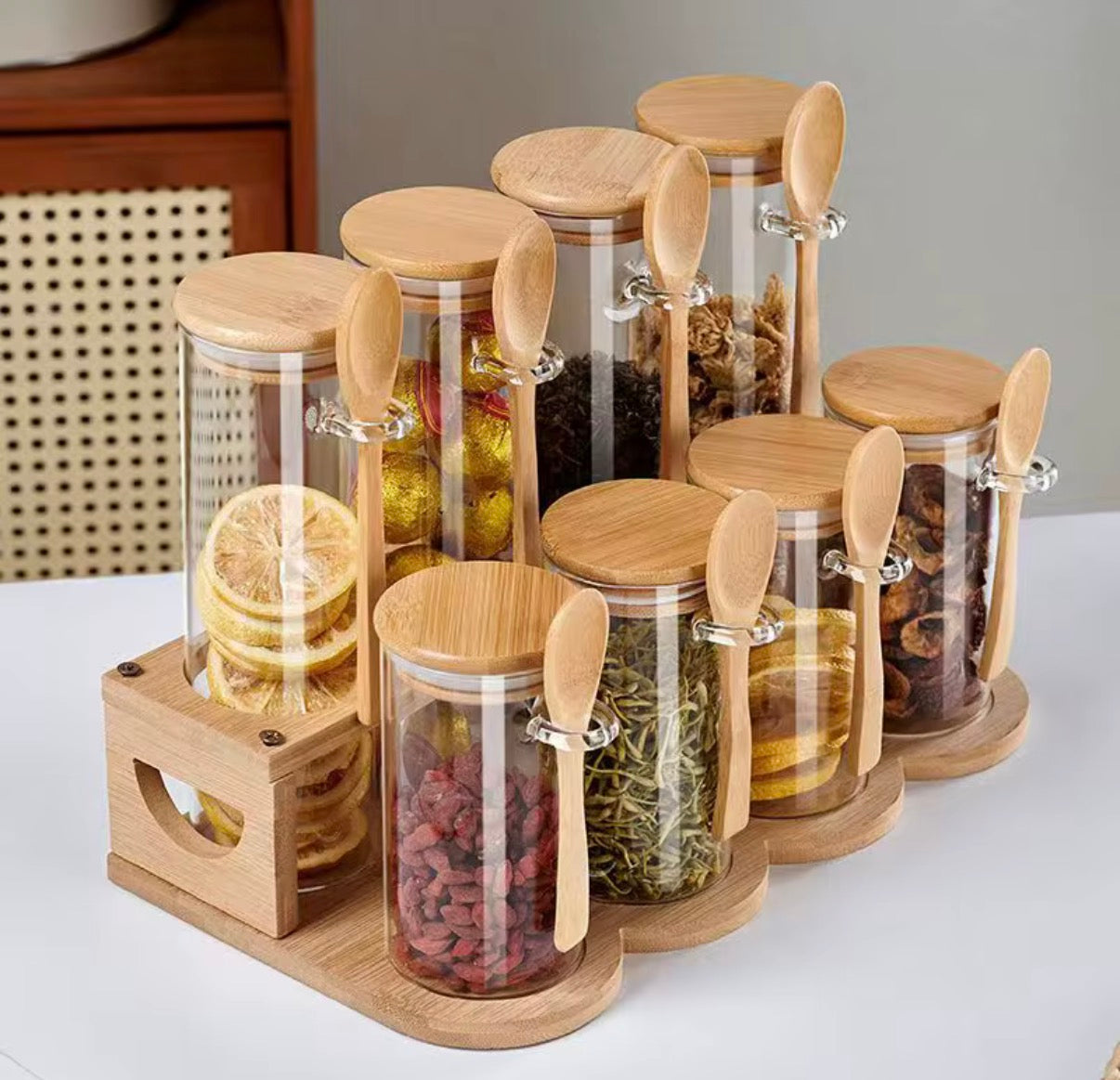 10oz Airtight Glass Jars Bamboo Lids Spoons