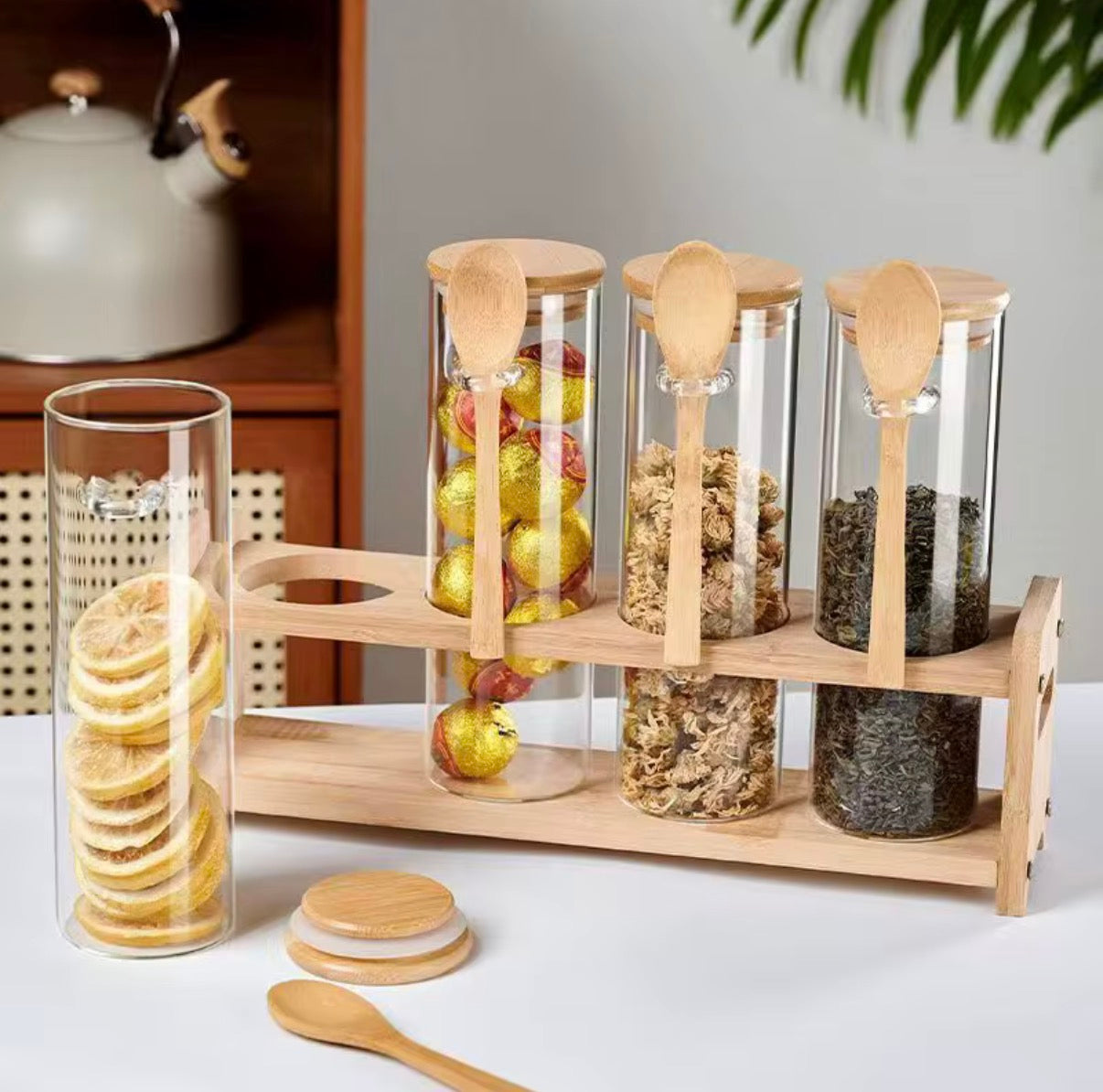 10oz Airtight Glass Jars Bamboo Lids Spoons