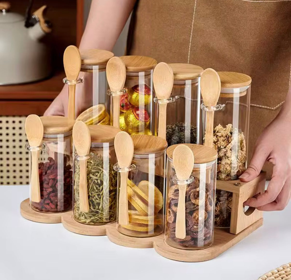 10oz Airtight Glass Jars Bamboo Lids Spoons