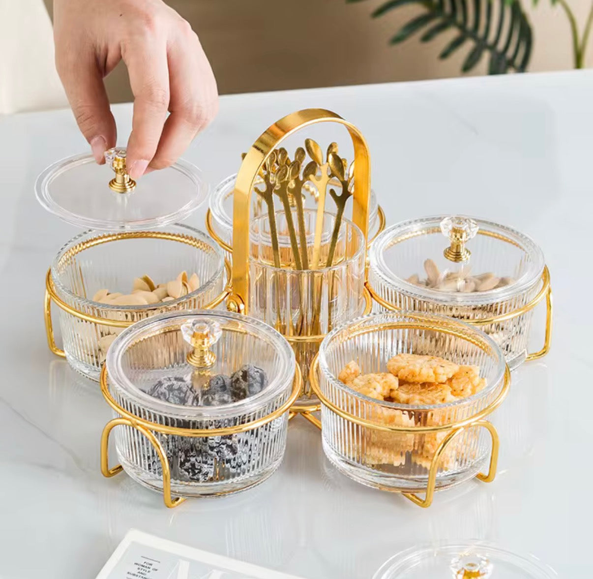 Luxury 5-in-1 Round Dry Fruit & Snack Serving Tray with Central Cutlery Holder