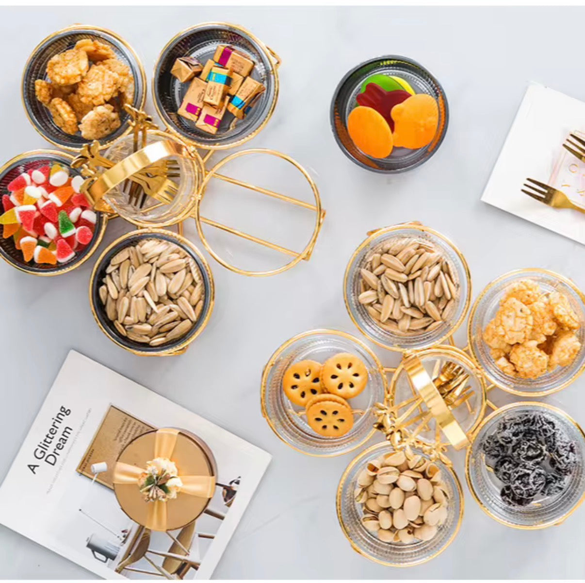 Luxury 5-in-1 Round Dry Fruit & Snack Serving Tray with Central Cutlery Holder