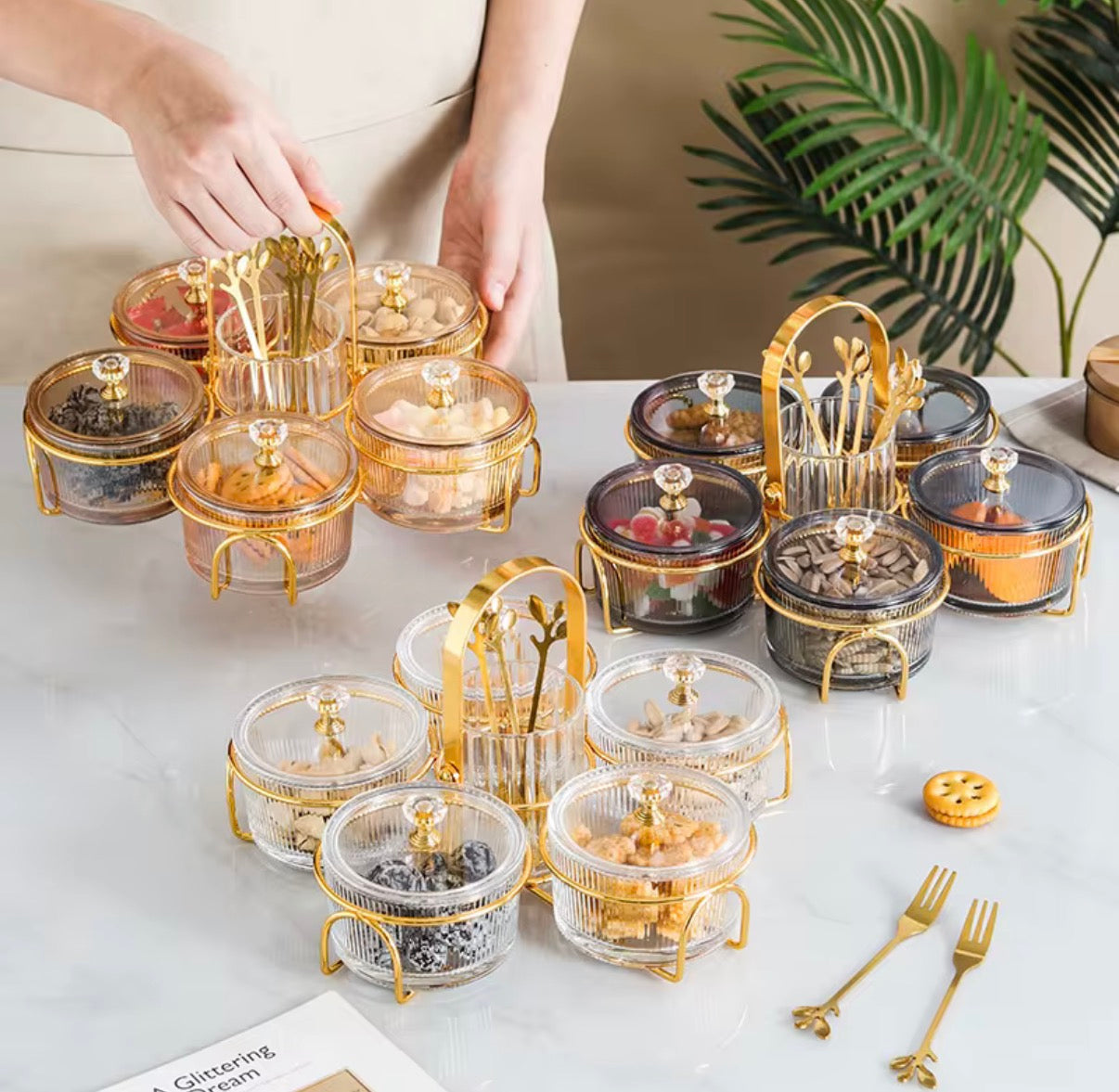 Luxury 5-in-1 Round Dry Fruit & Snack Serving Tray with Central Cutlery Holder