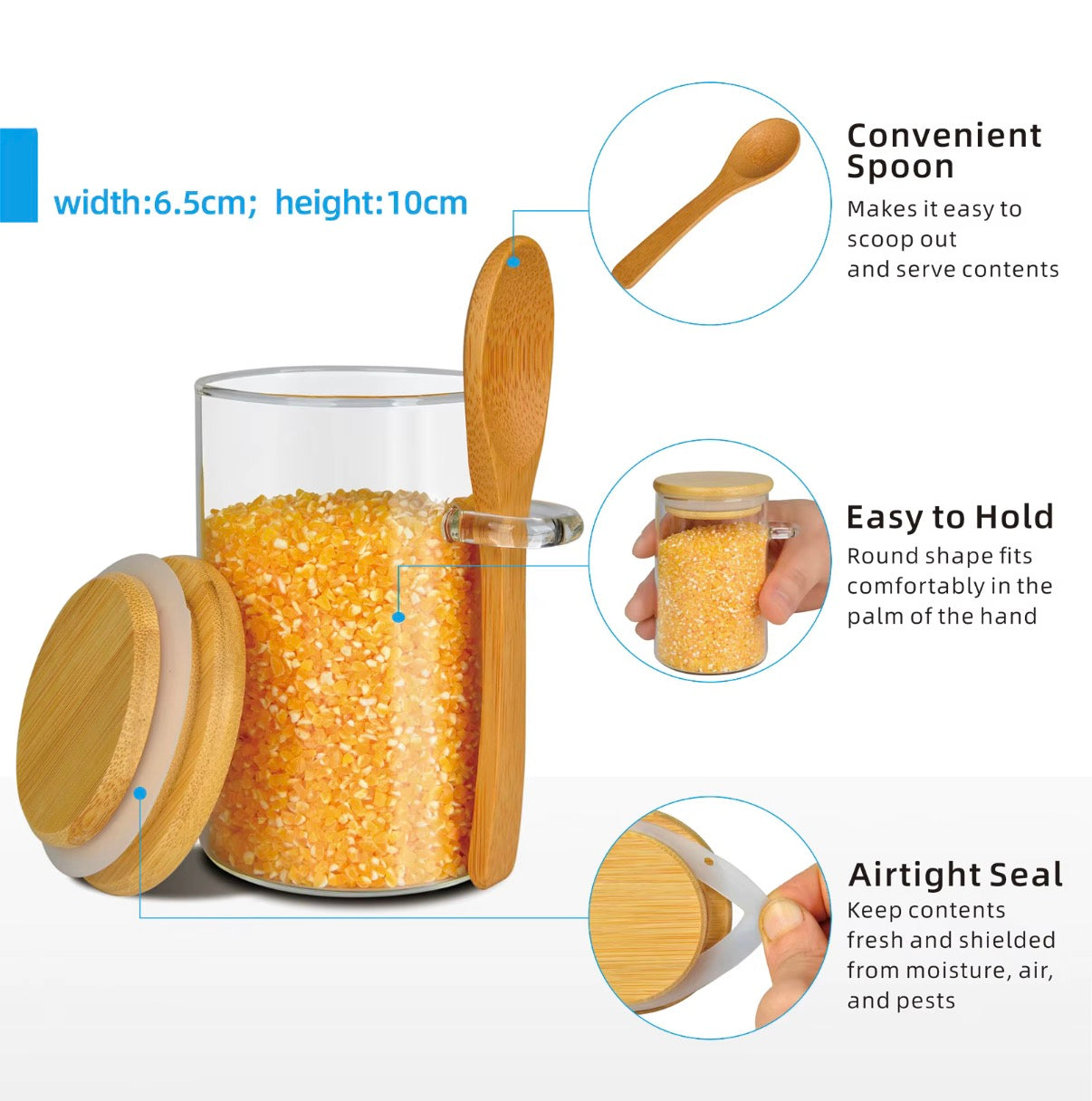 10oz Airtight Glass Jars Bamboo Lids Spoons