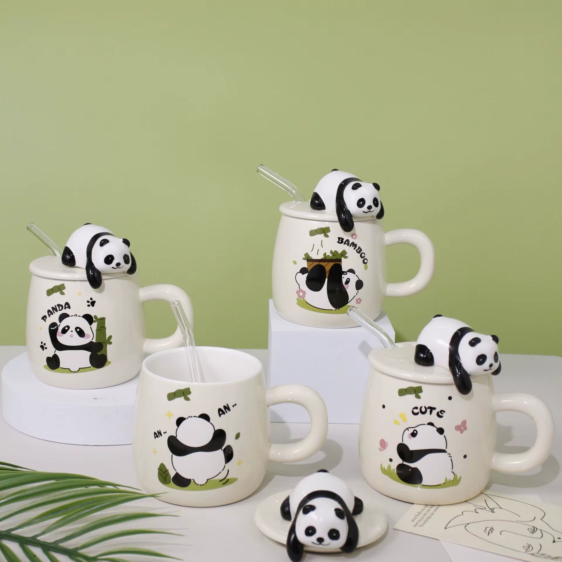3d Relief Panda Lid Porcelain Mugs