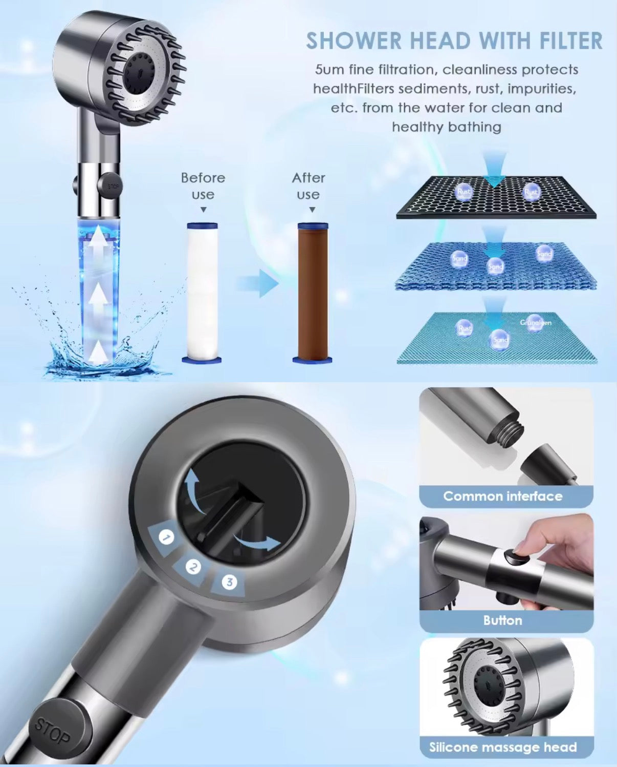 3-Mode Filtered Shower Head with Switch