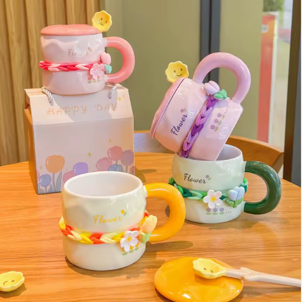 Lovely DIY Tulip Flower Ceramic Mugs with Spoon and Lid