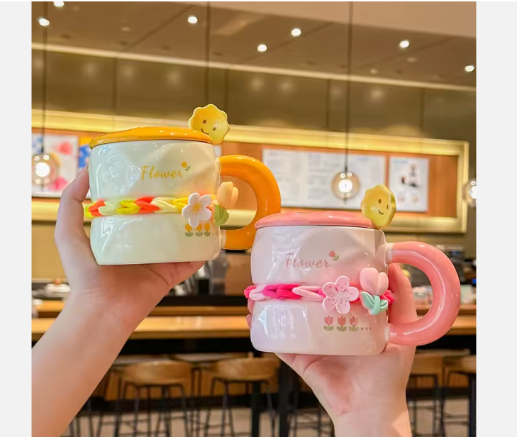 Lovely DIY Tulip Flower Ceramic Mugs with Spoon and Lid