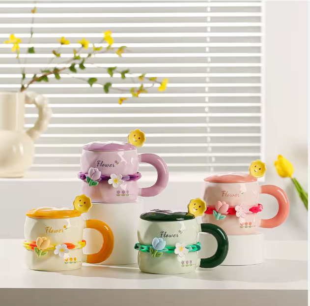 Lovely DIY Tulip Flower Ceramic Mugs with Spoon and Lid