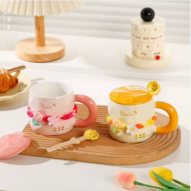 Lovely DIY Tulip Flower Ceramic Mugs with Spoon and Lid
