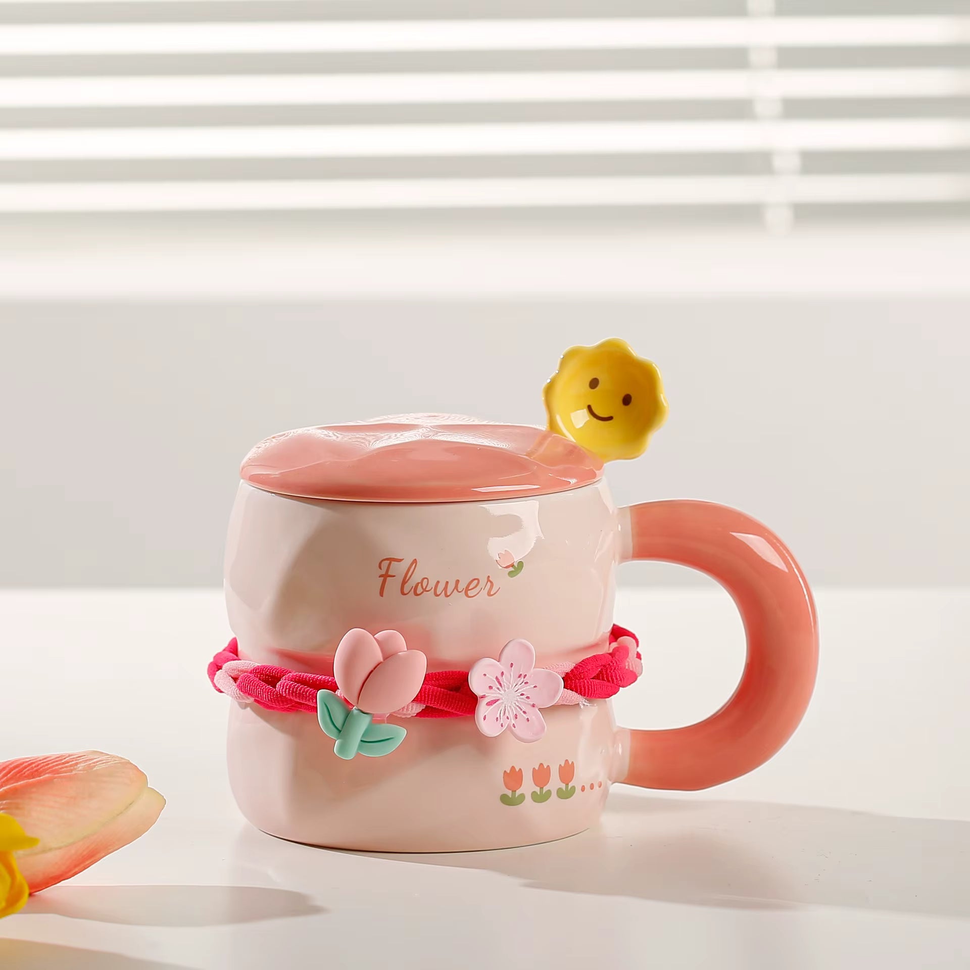Lovely DIY Tulip Flower Ceramic Mugs with Spoon and Lid